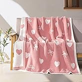 Elegant Comfort Premium Valentine's Day Throw Blanket - Ultra Soft and Lightweight, Luxury Knitted Breathable Pink Hearts Blankets Decor Gifts for Her, 50 x 70 Inch, Hearts and Bows