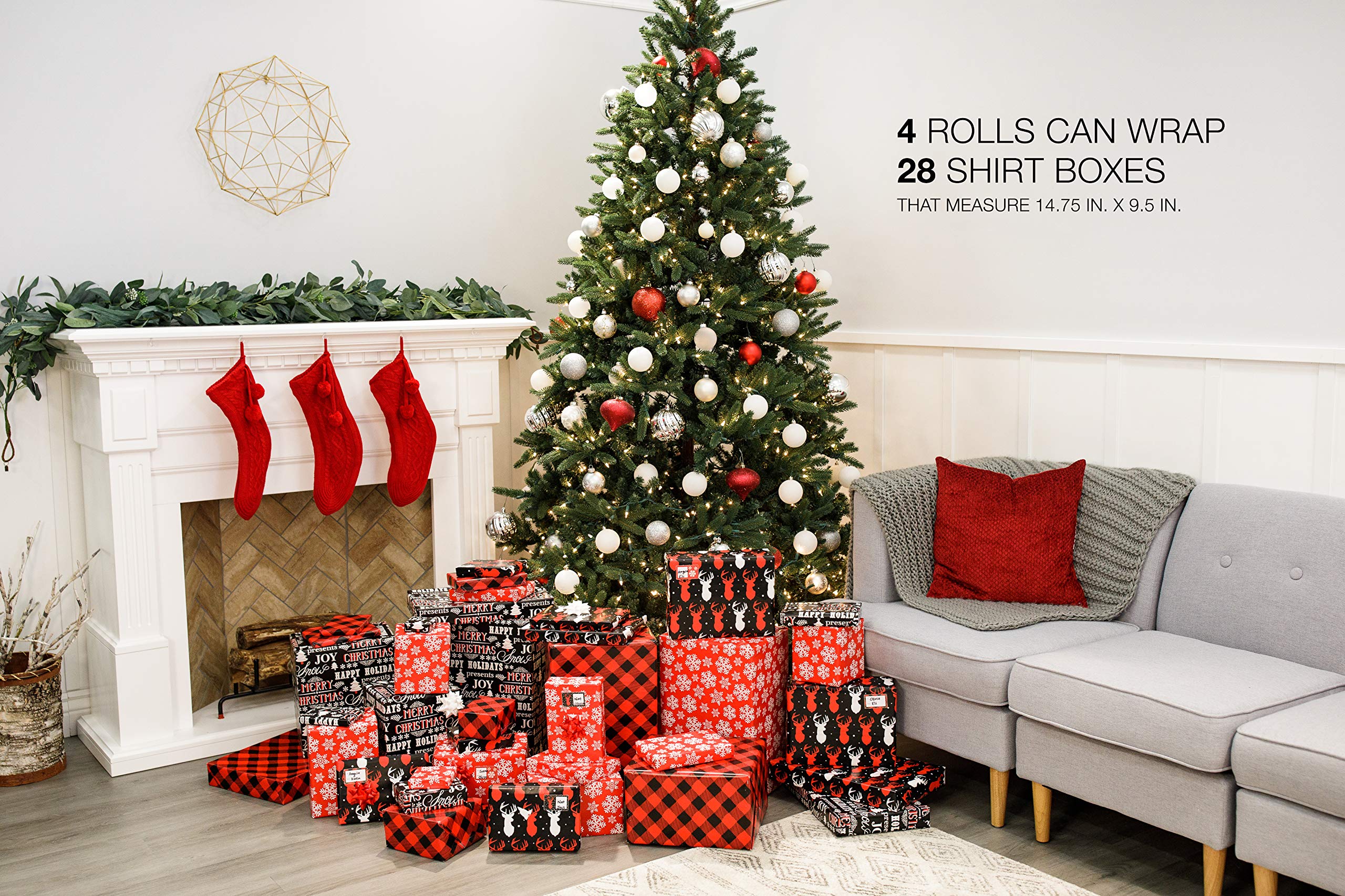 American Greetings Christmas Wrapping Paper Kit with Gridlines, Bows and Gift Tags, Red, Black and White, Plaid, Reindeer and Snowflakes (41-Count, 120 sq. ft.)
