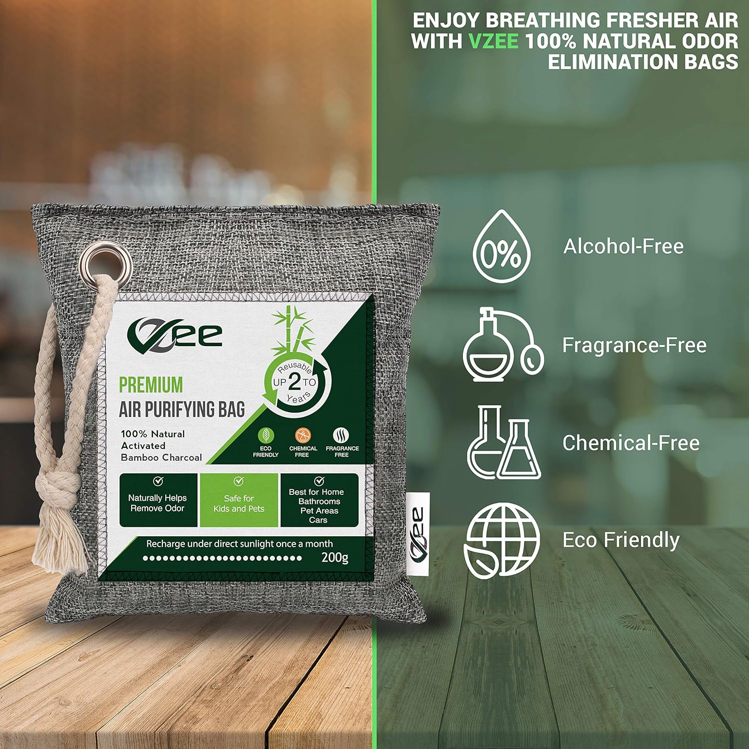 VZee Odor Eliminator, Activated Charcoal Bags Odor Absorber, 8 Pack x 200g, 8 Cords, Ziplock Packaging, Nature Fresh Bamboo Charcoal Air Purifying Bag, Odor Absorbers for Home, Bamboo Charcoal Bags, Deodorizers for Home, Pet, Shoe, Car, Closet, Smoke, Carpet, Fridge, Dogs, Cats, Basements, Musty Smell, New Car Smell, Bamboo Charcoal Bags, Odor Neutraliz