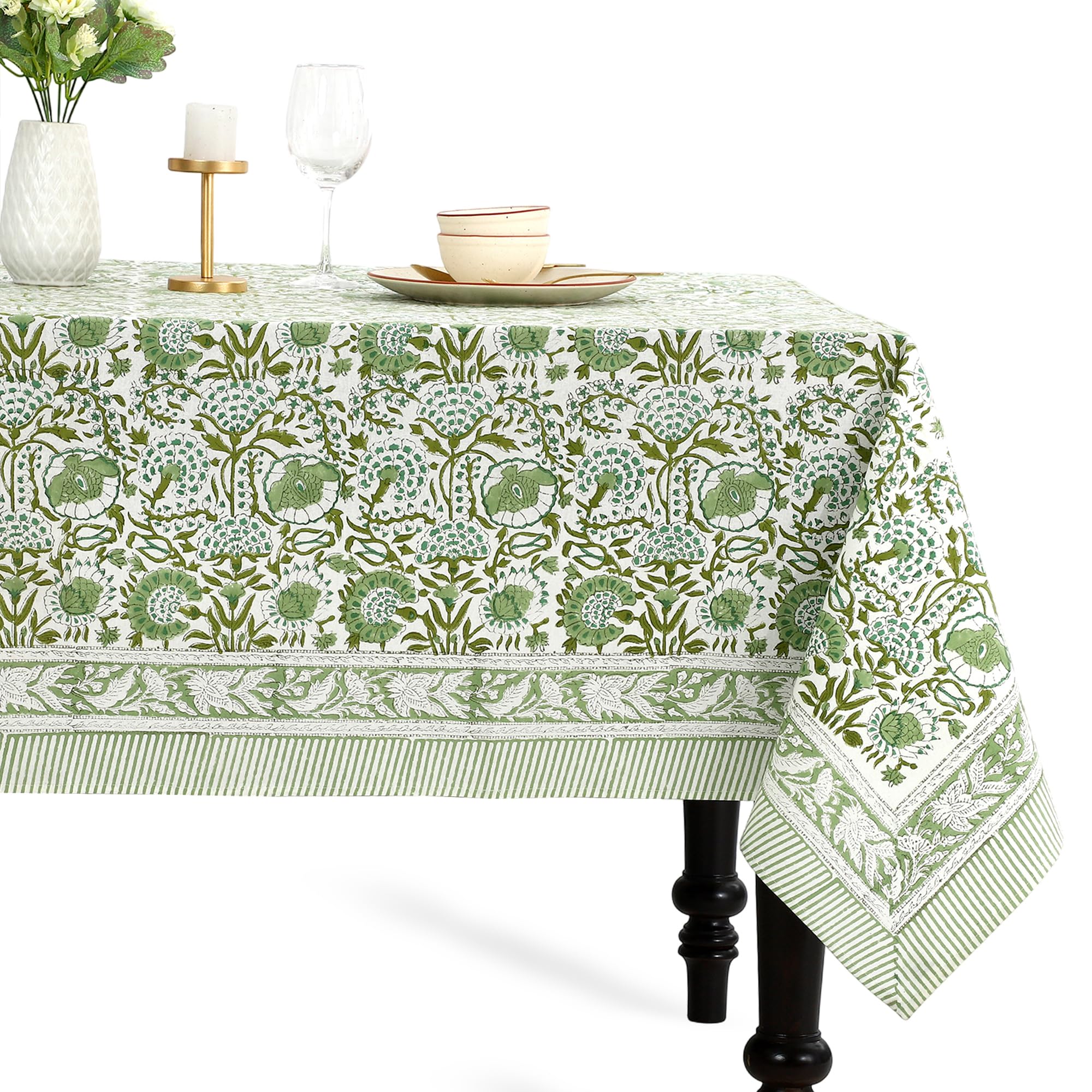 CPC - 100% Cotton Tablecloth Cover - Agate Green Indian Hand Block Printed - 12-Seater 80x120 Inch - Washable Reusable Rectangular Dining Cloth for Home, Restaurant, Hotel, Event & Everyday Use