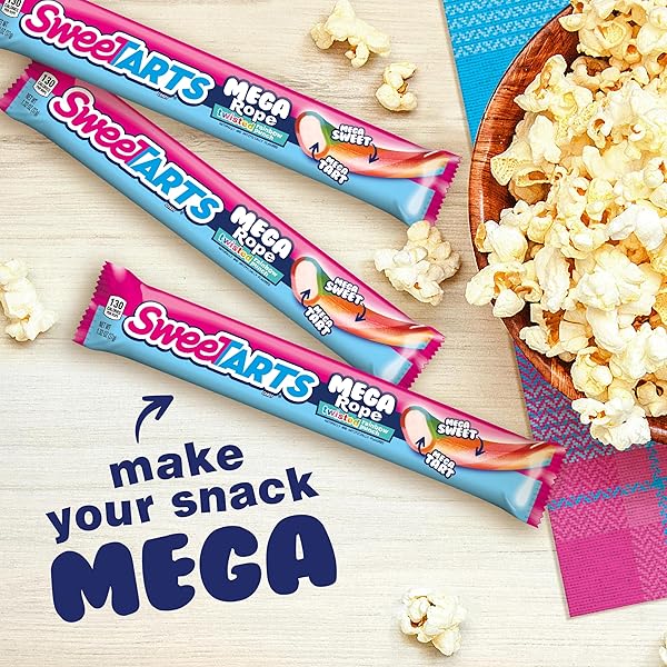 SWEETARTS MEGA FILLED ROPES CANDY, TWISTED RAINBOW PUNCH, SWEET AND TART, 1.32 OZ (PACK OF 24)