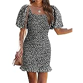 PRETTYGARDEN Women's 2025 Summer Floral Puff Sleeve Mini Dress Square Neck Ruffle Hem Bodycon Dresses Smocked Dress Women