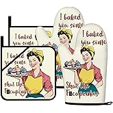 Funny Oven Mitts for Women Yellow Kitchen Accessories and Decor Oven Mitt Sets Retro Humor House Warming Cooking Baking Gifts for Mom Wife Sister (Beige, Oven Mitts & Pot Holders)