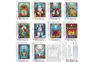 Blosssound 10 Set Christmas Pre Printed Canvas Christmas Theme Glass Painting Pre Drawn Canvas with easel kit 5" x 7" Outline Painting Panels for Beginners, DIY Craft Project, Party Favor, Home Decors