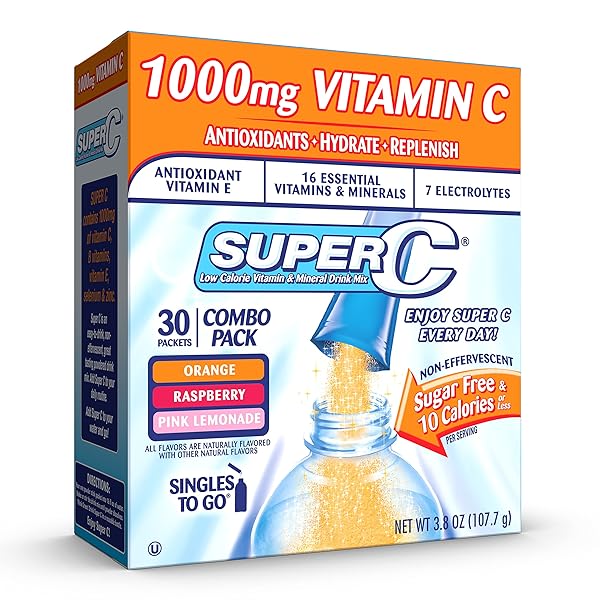 SUPER C SINGLES TO GO POWDER PACKETS, WATER DRINK MIX, VARIETY PACK, ORANGE, RASPBERRY & PINK LEMONADE, ON-THE-GO, 30 COUNT