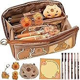 Adorable Capybara Pencil Case with 16PCS Cute Accessories, Kawaii Pen Pouch: Includes Pens, Capybara Plush Brooch, Keychain, Clips, Note, and Stickers