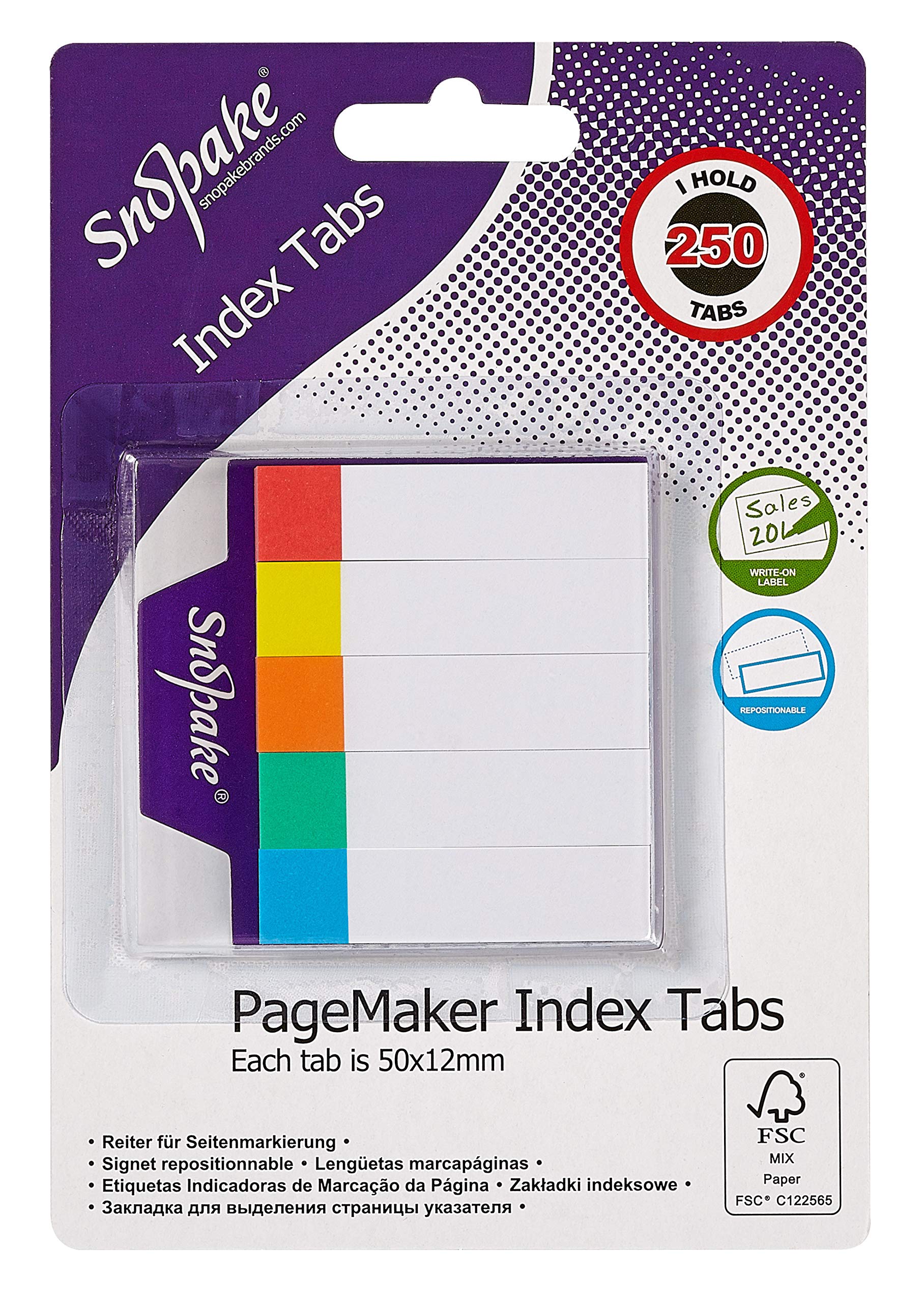 Snopake Index Tab PageMarkers 50 x 12 mm - 250 Tabs - White with Assorted Tips [Pack of 1] Ref: 13150 — image 1