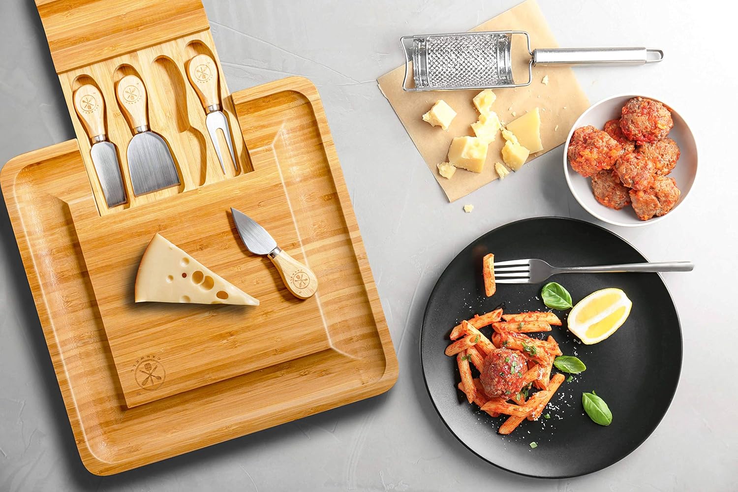 Premium Bamboo Cheese Board and Cutlery Set 4 Stainless Steel Serving