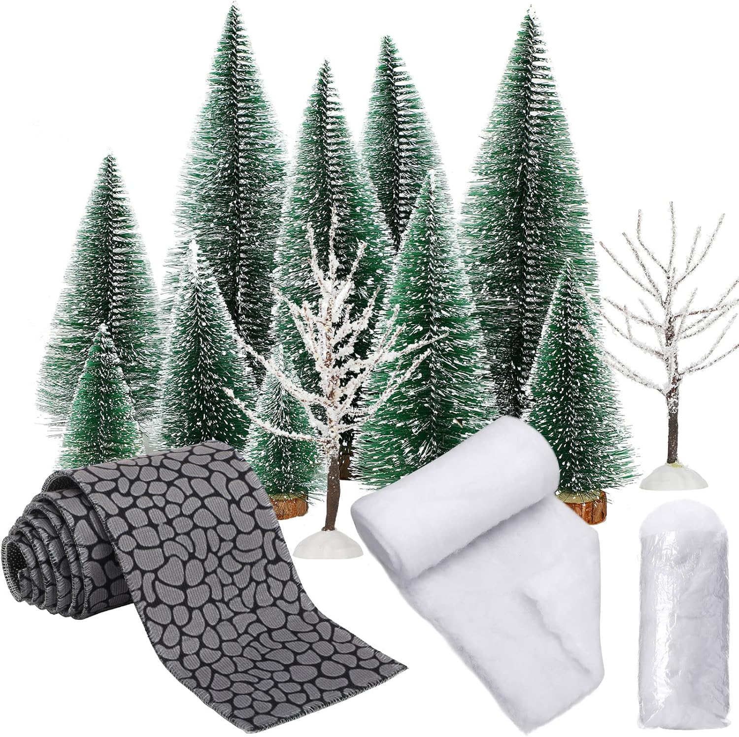 Artificial Snow - 15 Pcs Christmas Village Accessories Including Artificial Snow Frost Trees Artificial Fake Snow Blanket Bare Branch Trees Accessory Cobblestone Street Accessory Figurine Village Displays for Houses