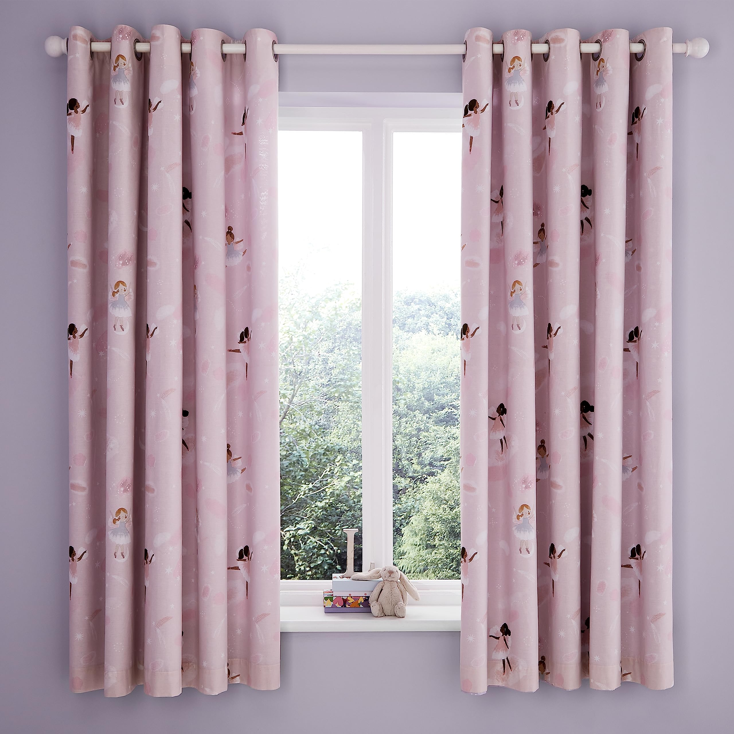 Catherine Lansfield Dancing Fairies 66x72 Inch Fully Reversible Lined Two Curtain Panels Pink
