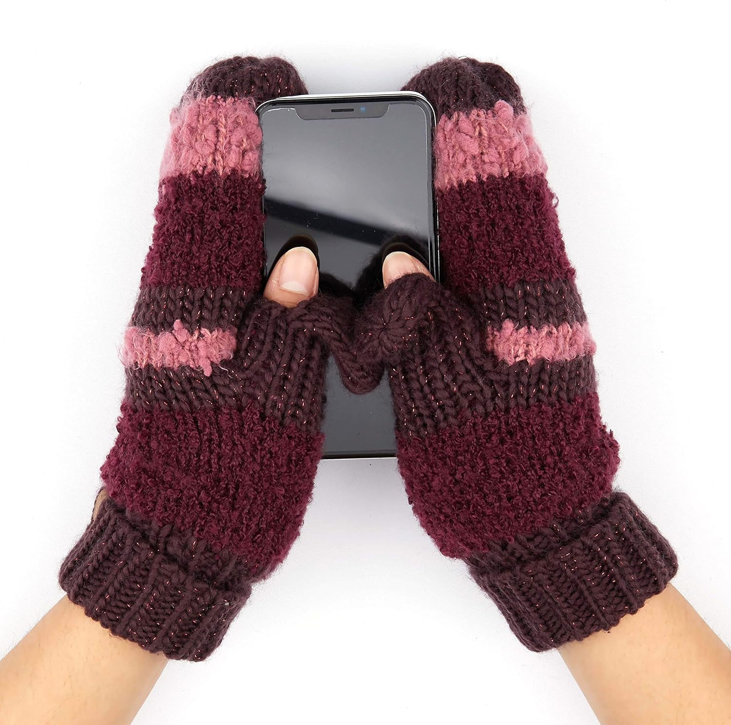 CC Exclusives Women Thick Knit Faux Fur Sherpa Fleece Lined Warm Winter Gloves Mittens (Striped-Burgundy) at  Women’s Clothing store