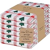 Urban Villa Christmas Kitchen Towels Christmas Tree Print Premium Quality 100% Cotton Dish Towels Mitered Corners Ultra Soft (Size: 20X30 Inches) Highly Absorbent Bar Towels & Tea Towels - (Set of 6)
