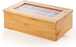Lumaland Cuisine Teebox aus Bambus mit 8 Fächern 26 x 16 x 9 cm - aufklappbarer Deckel mit Sichtfenster - ideal für Aromaschutz - Teekiste Teekasten - nachhaltig praktisch dekorativ edel