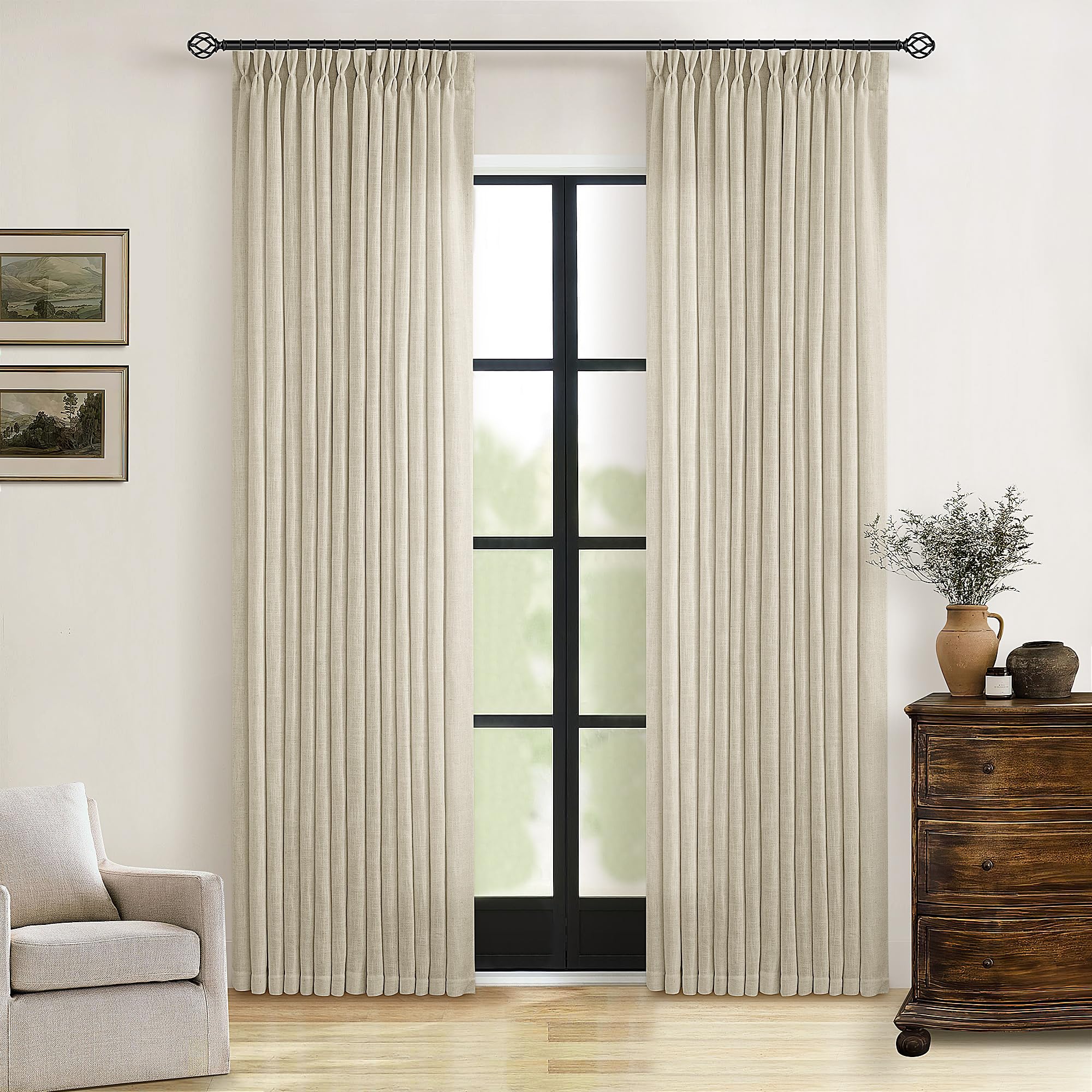 Photo 1 of 108 Inch Linen Curtains 2 Panels Set Pinch Pleated for Living Room Bedroom Memory Training Shaped Semi Sheer Neutral Beige Tan Flax Burlap Pleat Drapes Hooks Rings Light Filtering Window Curtain