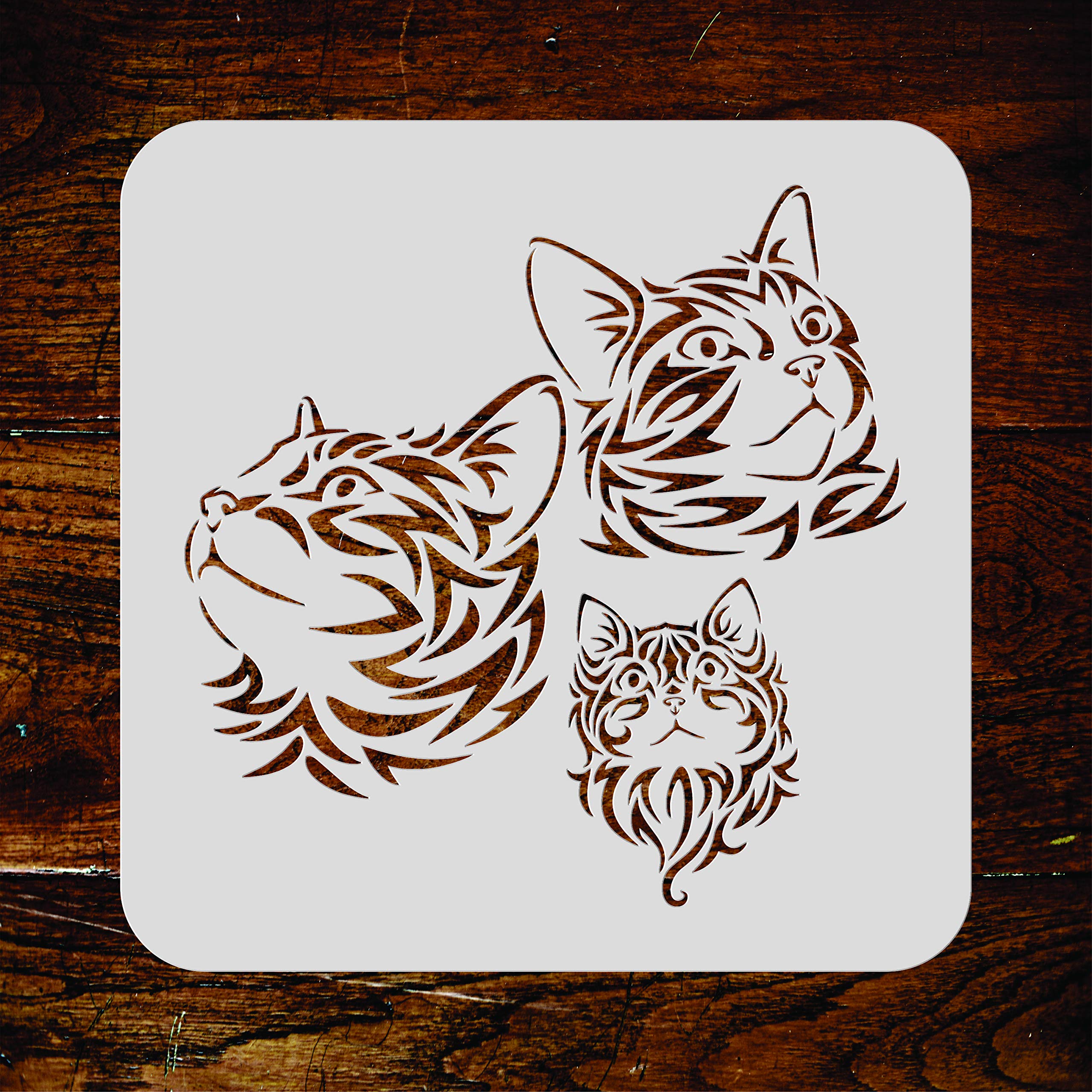 Cat Family Stencil - 16.5 x 16.5 cm (S) - Reusable Pet Animal Kitten Mural Wall Stencil Template