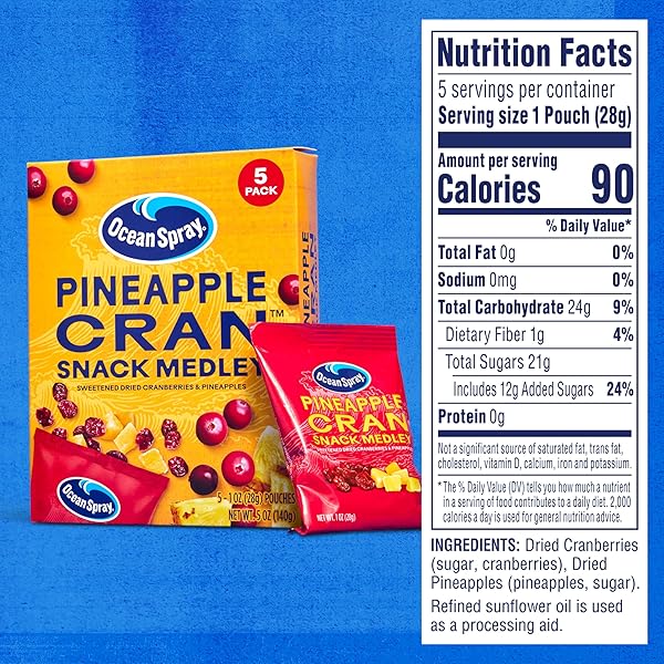 OCEAN SPRAY® PINEAPPLE CRAN™ SNACK MEDLEY, CRANBERRY AND PINEAPPLE DRIED FRUIT SNACK, 1 OZ POUCHES, 5 COUNT