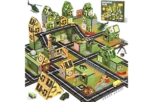 TIKTILES Magnetic Tiles Road Building Toys Set with Magnetic Blocks and Army Toys Accessories, Military Magnetic Blocks for Kids Ages 3-5 4-8, STEM Educational Sensory Magnet Toys Birthday Gifts for Boys Girls