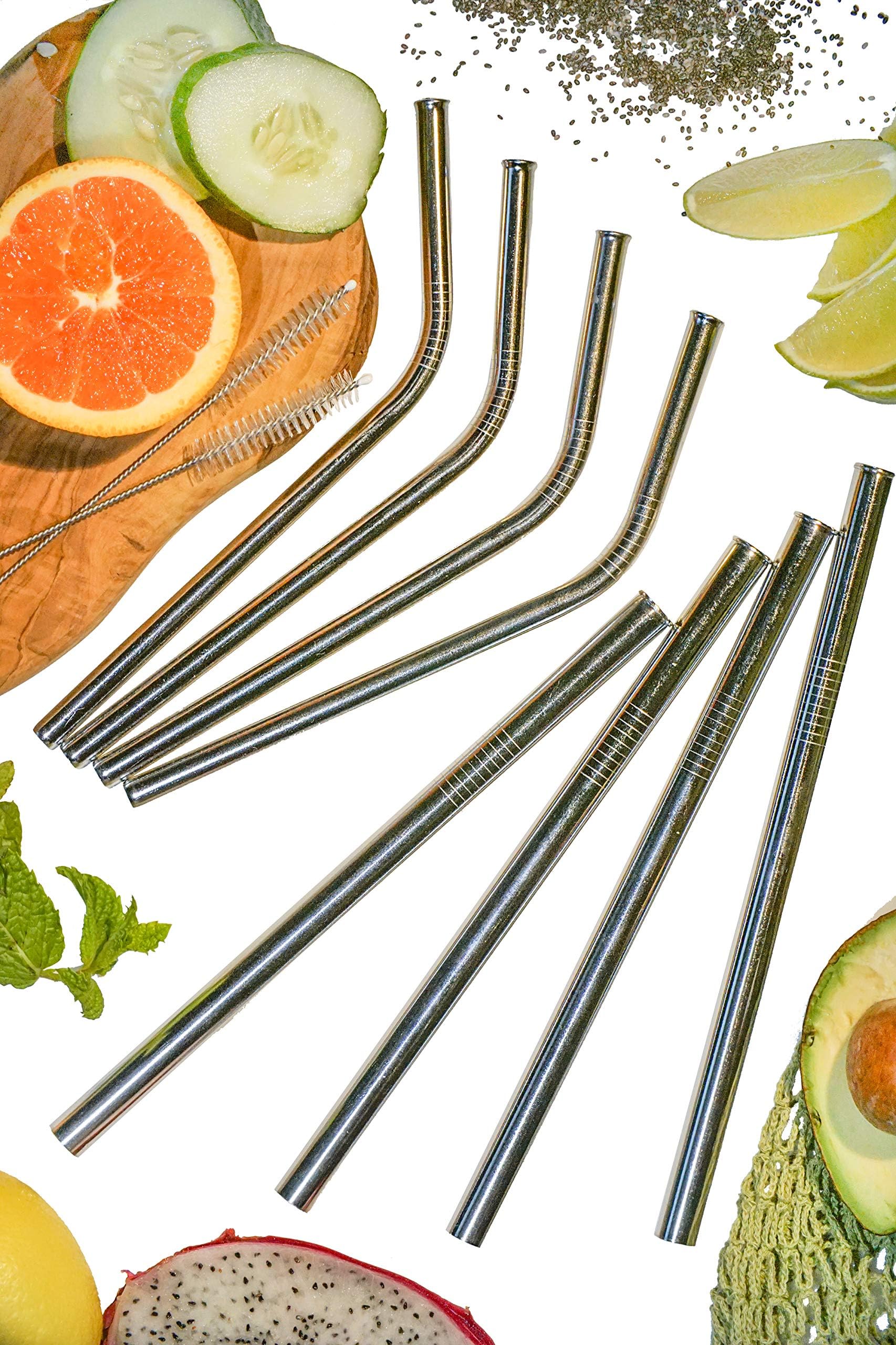 Reusable Stainless Steel Straws by EARTHLINGS │ Set of 8 Including 4 Extra Wide Smoothie Straws + 4 Bent Straws │ Including 2 Cleaning Brushes + Travel Bag │ Eco Friendly & Vegan