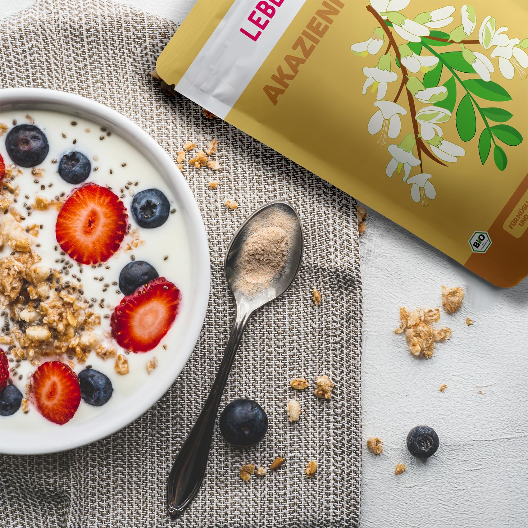 Lebepur BIO Akazienfasern vegan 500g, 90% Ballaststoffe, geschmacks- und geruchsneutral, Akazienfaser Pulver, glutenfrei, ohne Zusatzstoffe, hoher Ballaststoffgehalt mit 90g pro 100g 4
