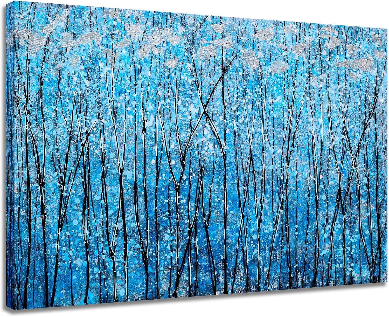 Paintings - SYGALLERIER Abstract Tree Canvas Wall Art with Hand Painted Textured Black Blue Paintings with Silver Foil Modern Forest Pictures for Living Room Bedroom Dinning Office Decor