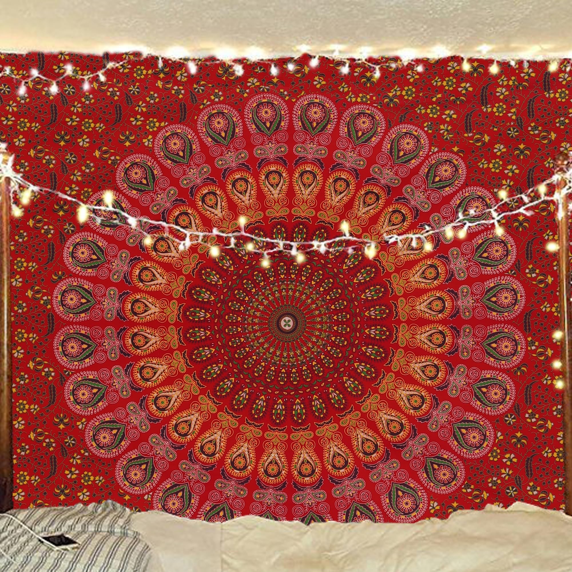 Bless International Indian hippie Bohemian Psychedelic Peacock Mandala Wall hanging Bedding Tapestry (Golden Red, 182.88L X 137.16W cm)