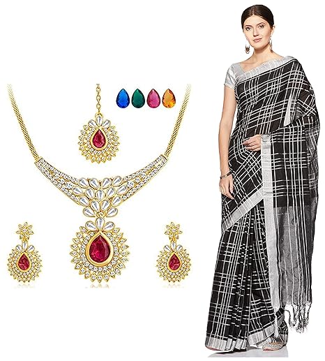 PerfectBlue cotton with blouse piece Saree (AardhyaPlusVariation_ Black_ Free Size)