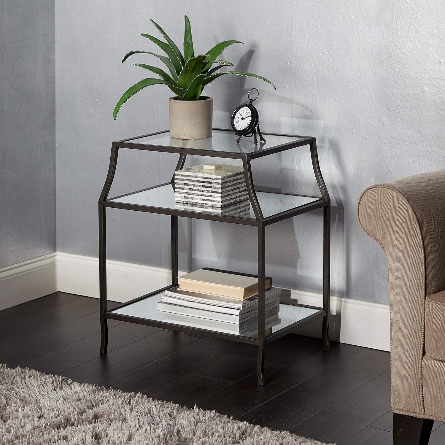 Soft Curve Glass Mirror End Table Grey Classic Modern