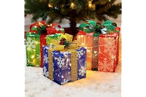ATDAWN Set of 3 Lighted Gift Boxes Christmas Decorations, Snowflake Present Boxes, Christmas Home Gift Box Decorations