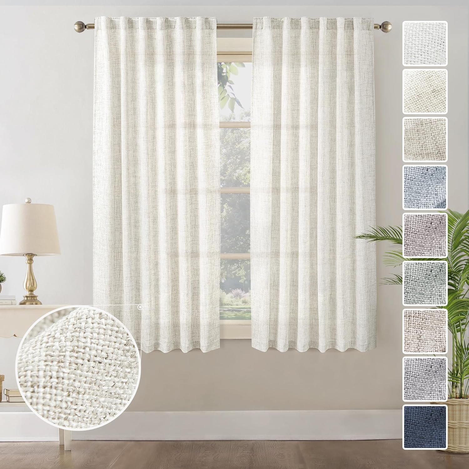 Window Treatments - MEETBILY Natural Linen Textured Rod Pocket Curtains 45 Inch Length for Privacy Protect Light Filter Semi Sheer Curtains Panels Window Drapes for Yard Patio Villa Parlor Bathroom 2 Panels 50