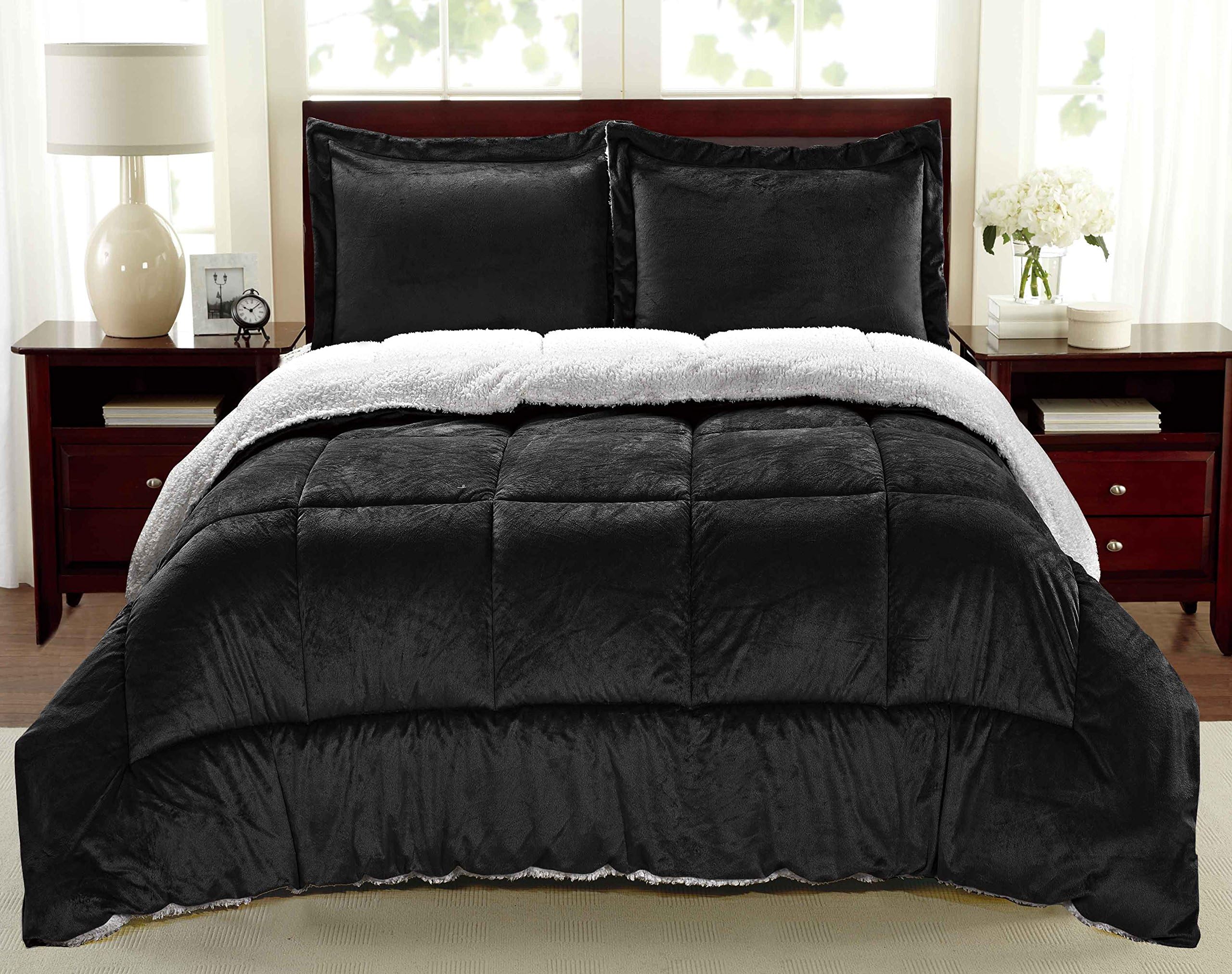 Cathay Home King Comforter Set: Ultra Soft and Plush Reversible Micromink and Sherpa 3-Piece Bedding Set, Black, King (102" x 90")