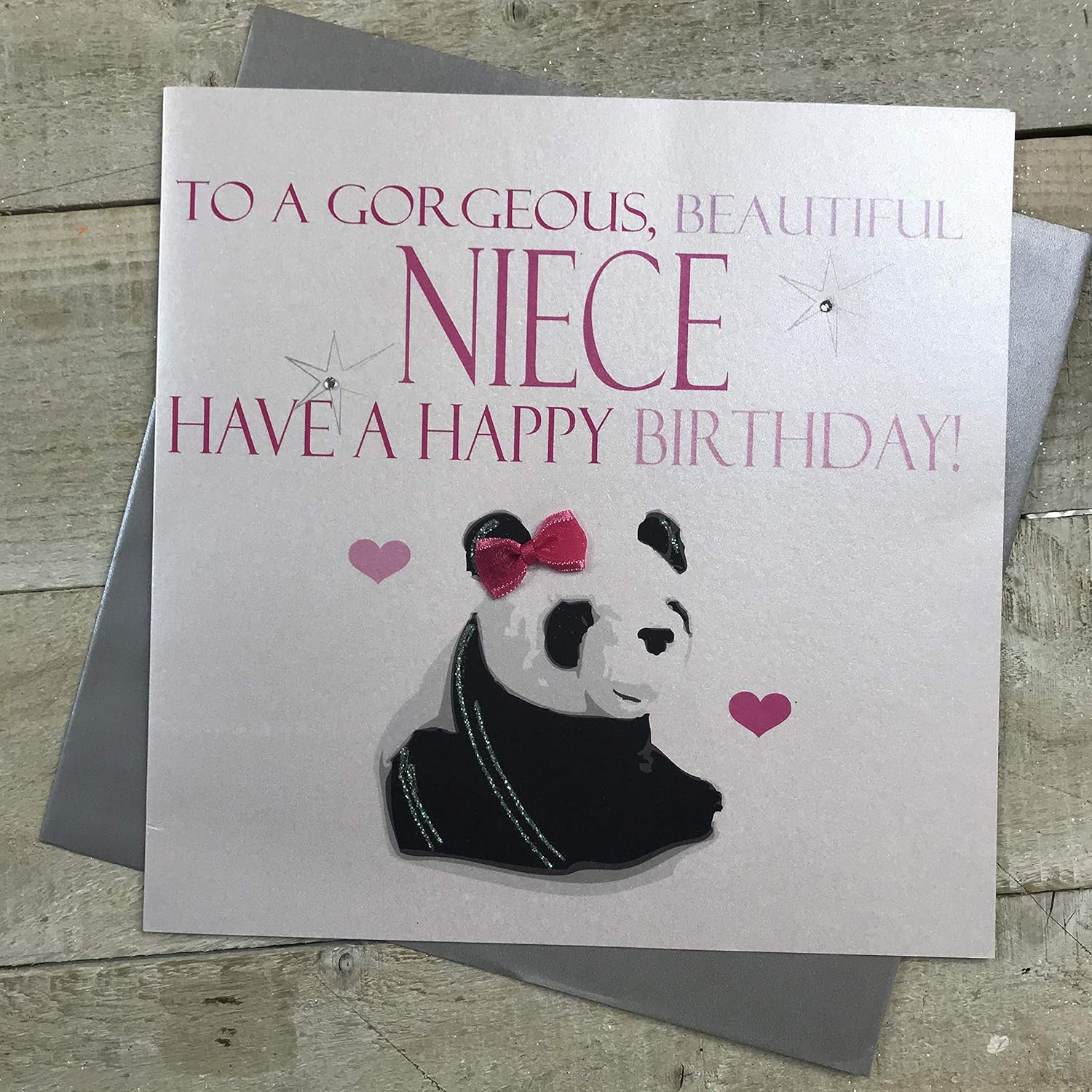 white cotton cards "To a Gorgeous, Beautiful Niece Have A Happy Birthday!, Panda Handmade Card, XN79, 22cm x 22cm