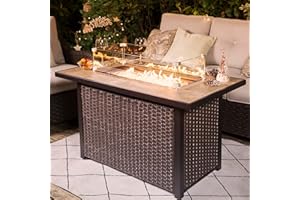 Nuu Garden Outdoor 43" 50,000 BTU Propane Gas Fire Pit Table, Ceramic Tabletop and Rattan Weaved Iron Frame, Water-Proof Oxford Cover, Glass Wind Guard, Glass Beads, Lid Included, Dark Brown & Coffee