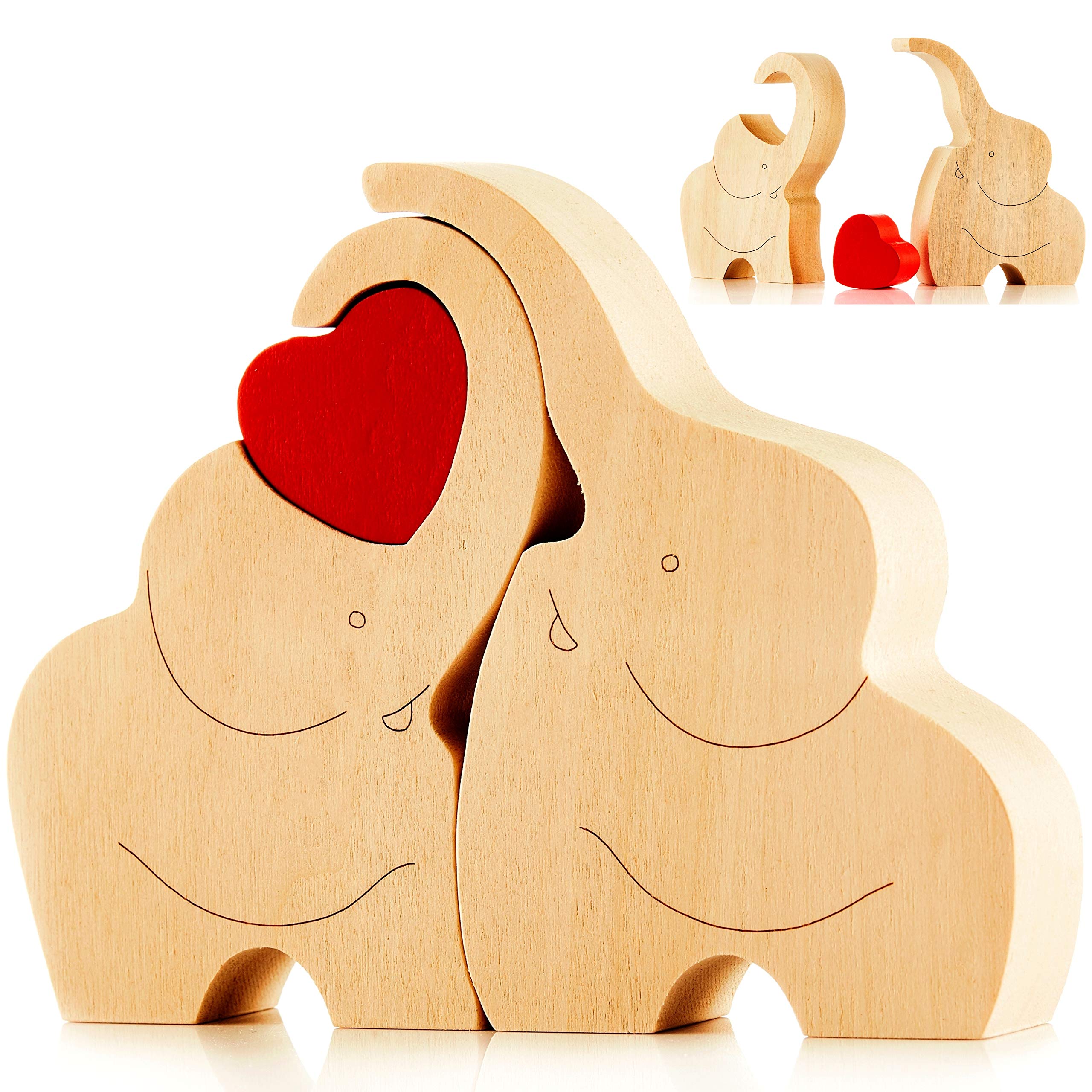 NOVECRAFTO Loving Wooden Elephant Couple Figurine with Red Heart – Elephants Ornament for Home Decor, Romantic Gift for Couples, Wedding & Anniversary, Symbol and Message of Love