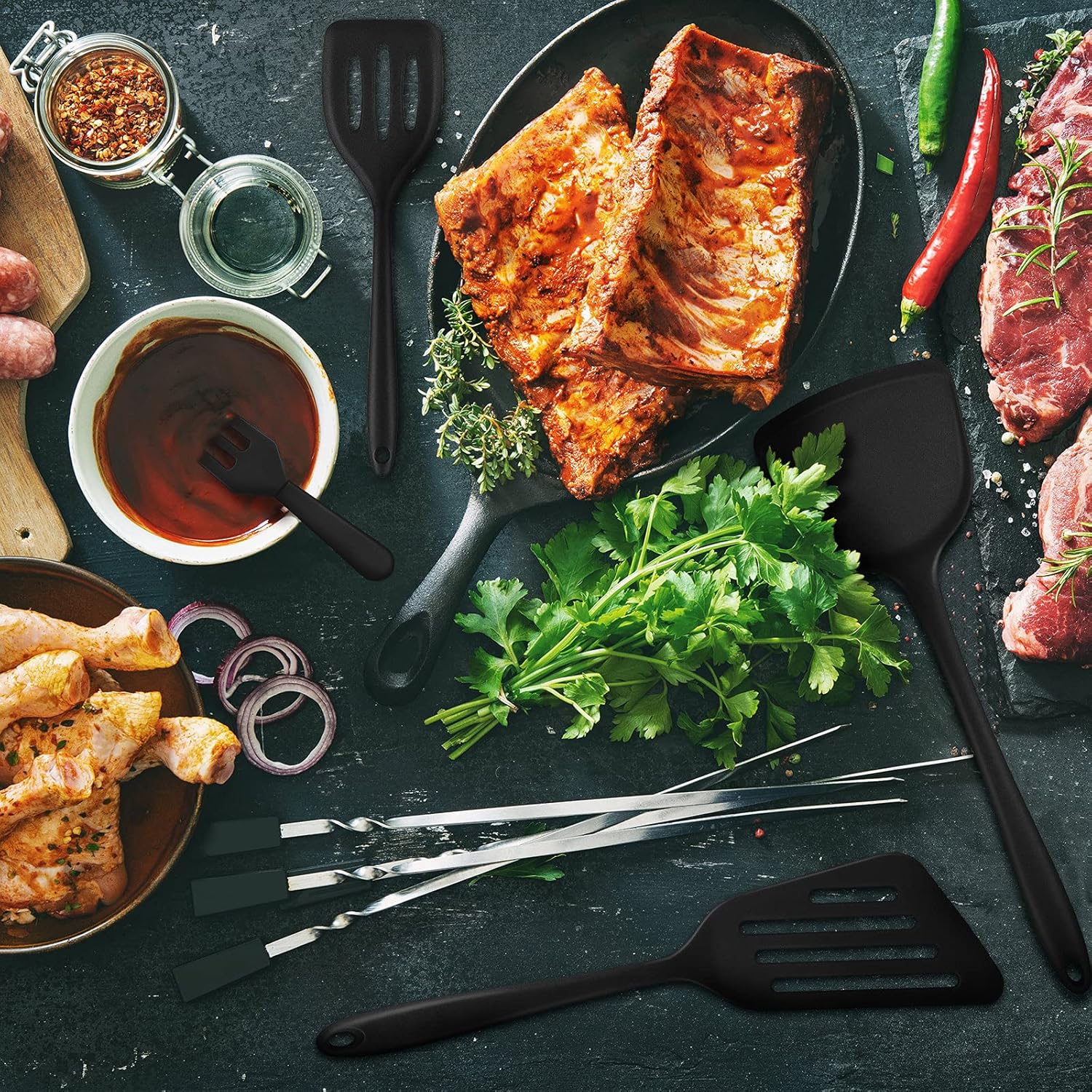 Vesici 4 Pieces Silicone Spatula Set Includes Large Silicone Spatula Silicone Oblique Drain Spatula, Fish Spatula Silicone Spatula and Silicone Square Spatula for Cooking, Baking, Stir-Fry (Black): Kitchen & Dining