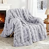 Exclusivo Mezcla Faux Fur Throw Blanket for Couch, Luxury Reversible 3D Rabbit Bubble Fur Fuzzy Thick Sherpa Blankets for Winter, Plush Fleece Warm Cozy Sofa Bed Throw, 50x60 Inches, Light Grey