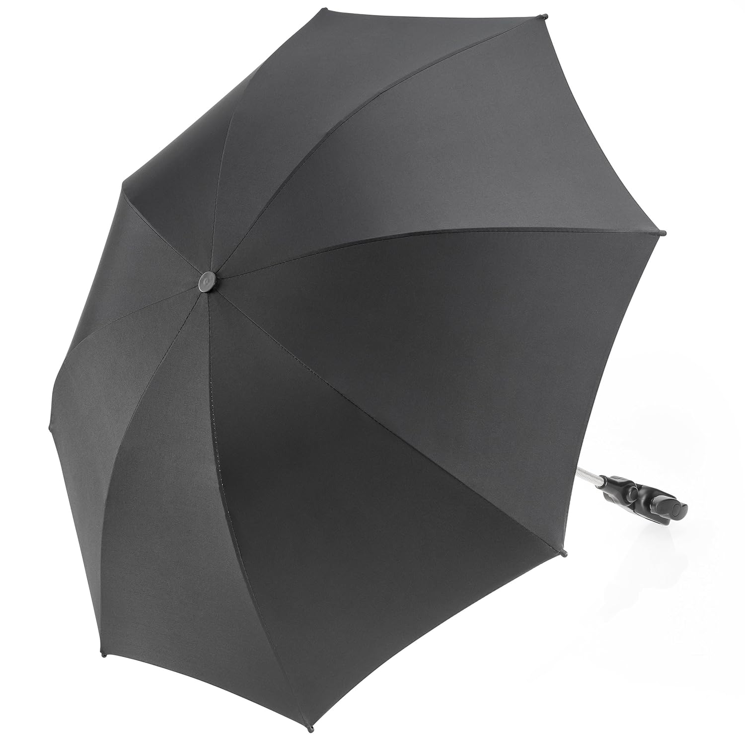 Universal Sonnenschirm Sonnenschutz für Kinderwagen &amp; Buggy - UV Schutz 50+ / 73 cm Durchmesser - Biegsamer Schirm mit Universalhalterung für Rund- und Ovalrohre - Schwarz