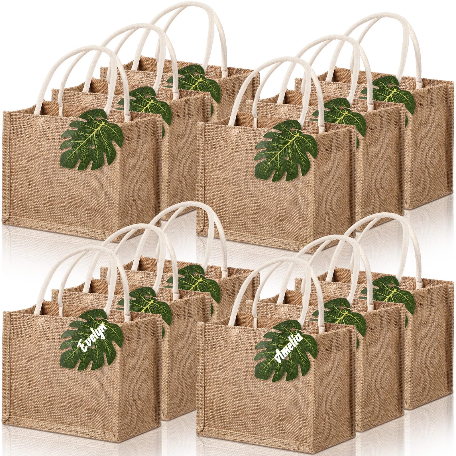 View 1 of 12 Pcs Burlap Jute Tote Bags Beach Bachelorette Gift Bag with Handles Tissue Paper Monstera Tag for Bridesmaid Party Favor(Large)