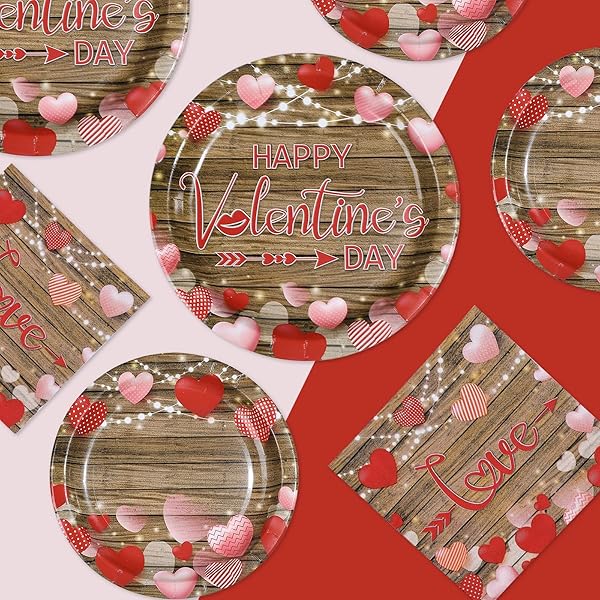 200PCS VALENTINE’S DAY DECORATIONS HAPPY VALENTINE PLATES AND NAPKINS VINTAGE WOOD RED LOVE HEART DECORATIONS FOR VALENTINES DAY ROMANTIC WEDDING ANNIVERSARY ENGAGEMENTS PARTY SUPPLIES SERVES 50