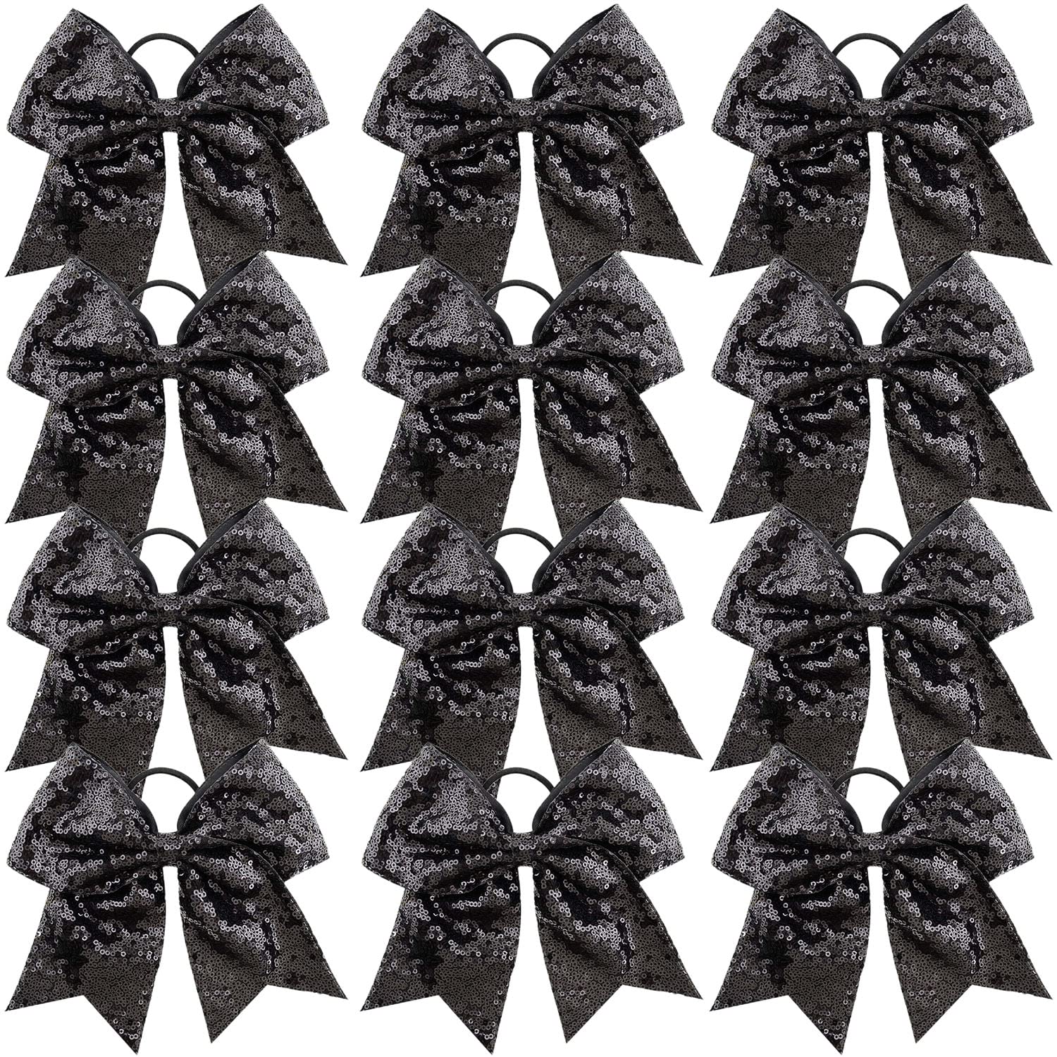 Photo 1 of 12 Pieces 8 Inch Black Cheer Bows Glitter Jumbo Cheerleading Bow with Elastic Ponytail Holder Bow Hair Tie Band Hair Accessories for School Girls Toddlers