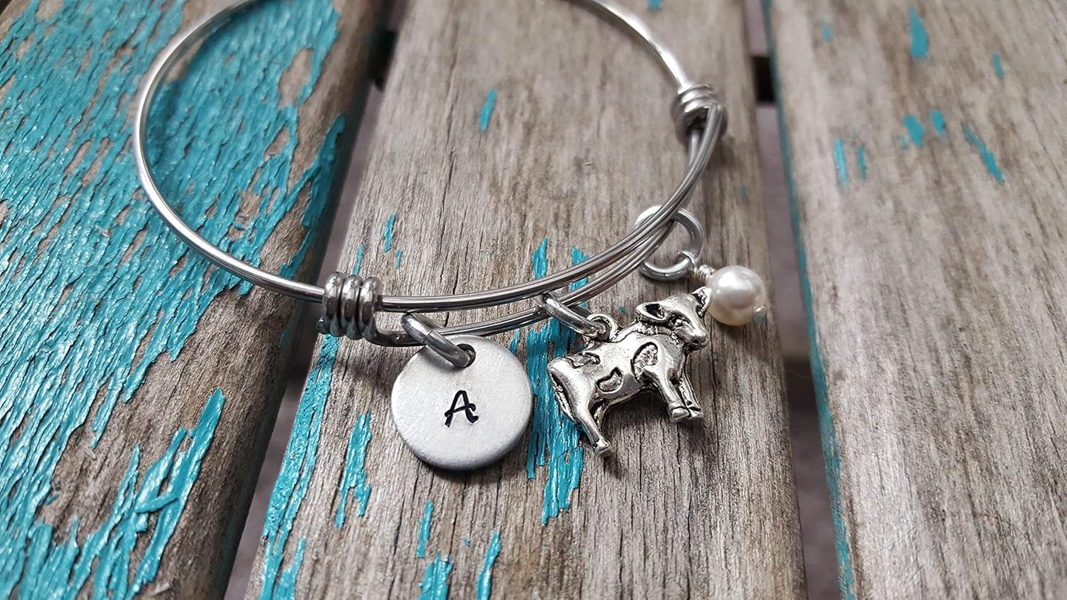 Cow Adjustable Bangle Bracelet Cow Charm with your choice