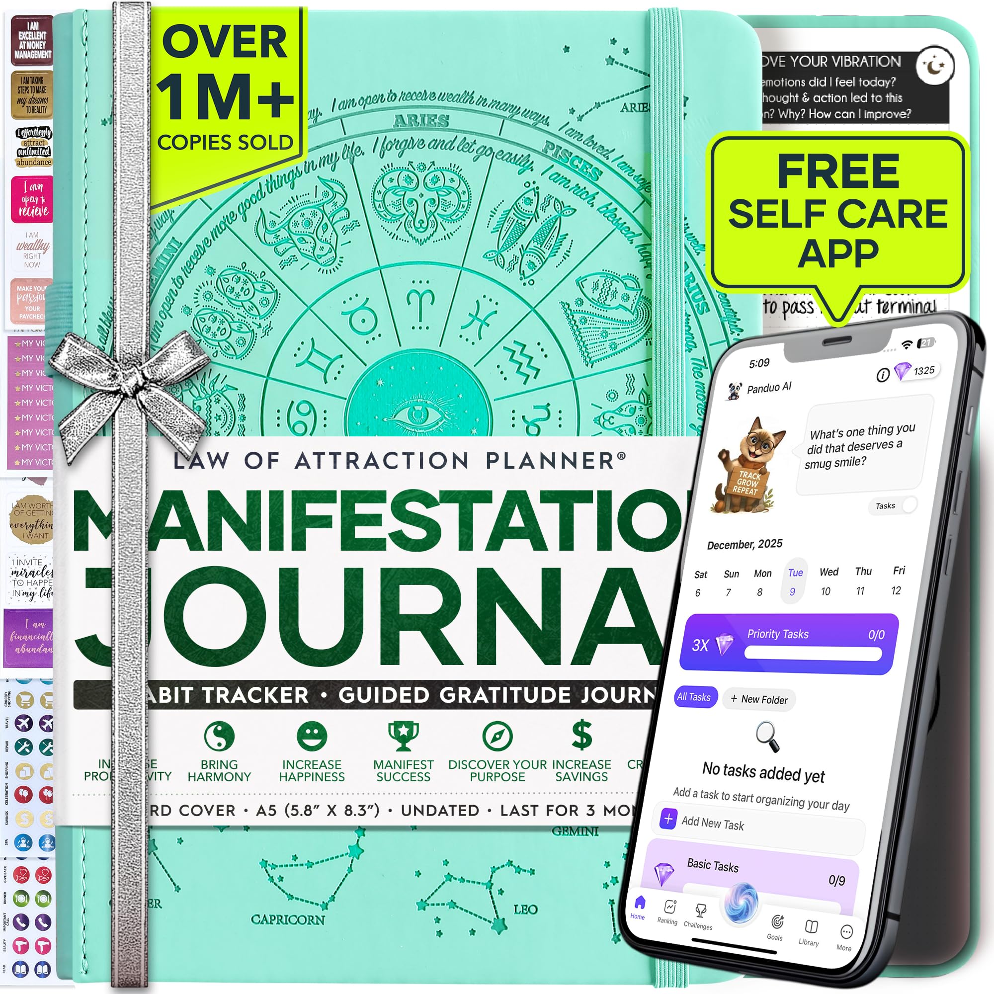 Manifestation Journal - 5 Minute Manifesting & Self Care Journal | 90-Day Undated Daily Planner for Positivity, Affirmations & Gratitude | Guided Mindfulness, Reflection | Vision Board + Stickers