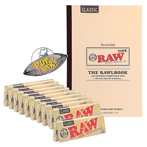 RAW Unrefined Classic 1 ¼ Cigarette Rolling Paper Bundle Kit - 10 Packs raw  Cones (50 Count) + 1 Pack of 480 RAWLBOOK Unbleached Tips (480 Count) Plus  puflax UFO Sticker in Saudi Arabia