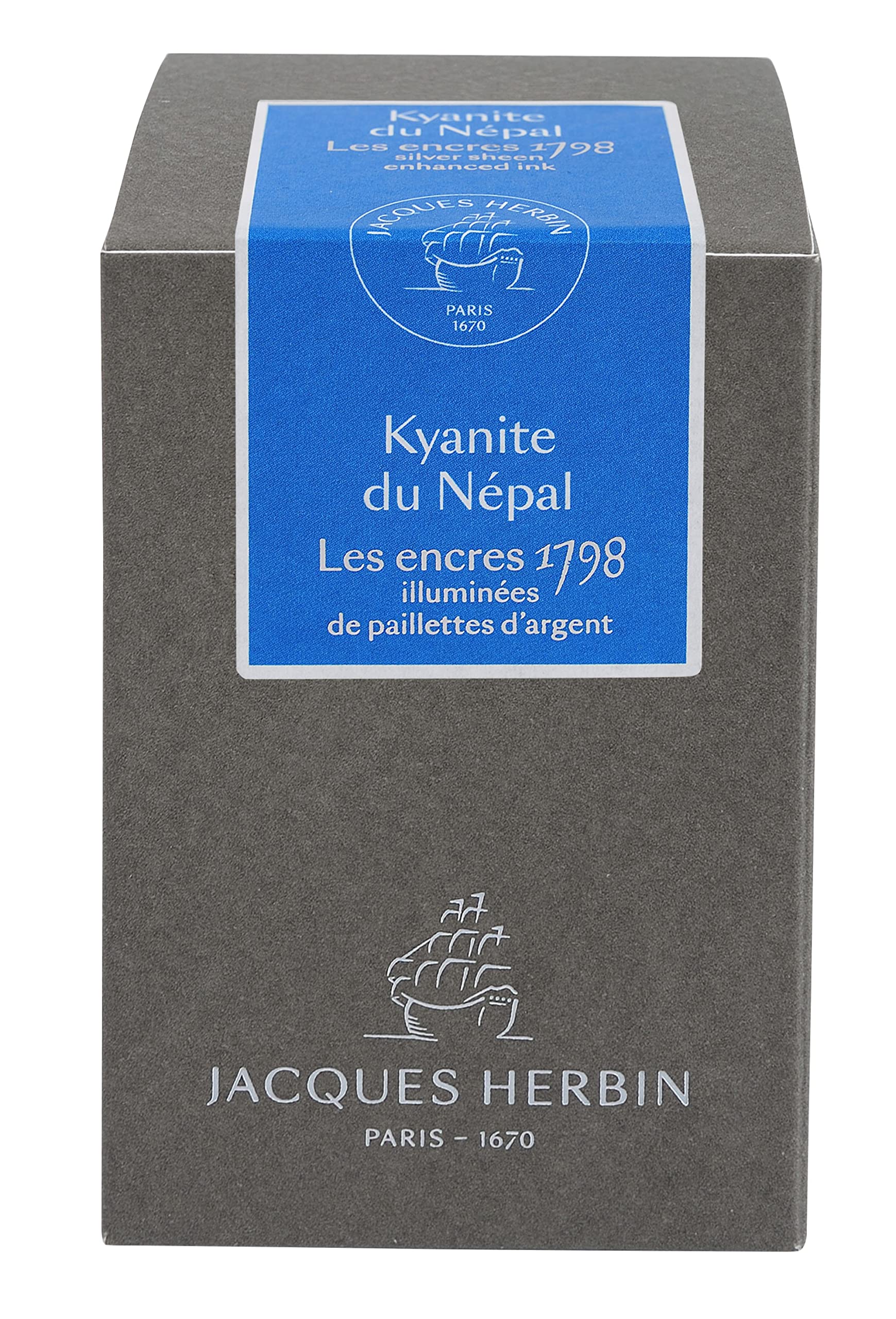 Jacques Herbin 15513JT- A bottle of 1798 silver glitter ink for fountain pen, rollerball, glass nib and penholder 50 ml, Kyanite du nepal/ Nepalese Kyanite