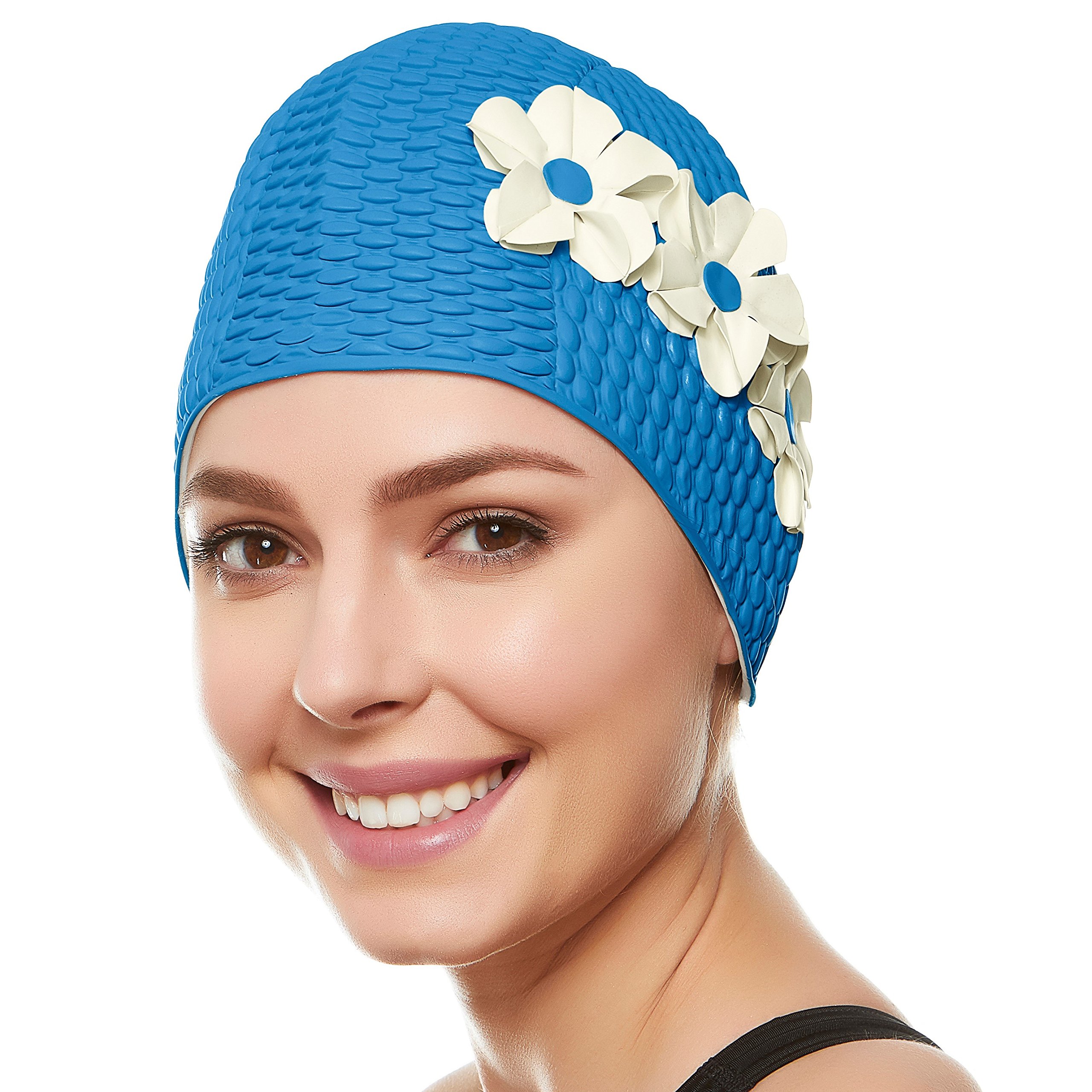 Beemo Swim Bathing Caps for Women & Girls - Light Blue with White Flowers