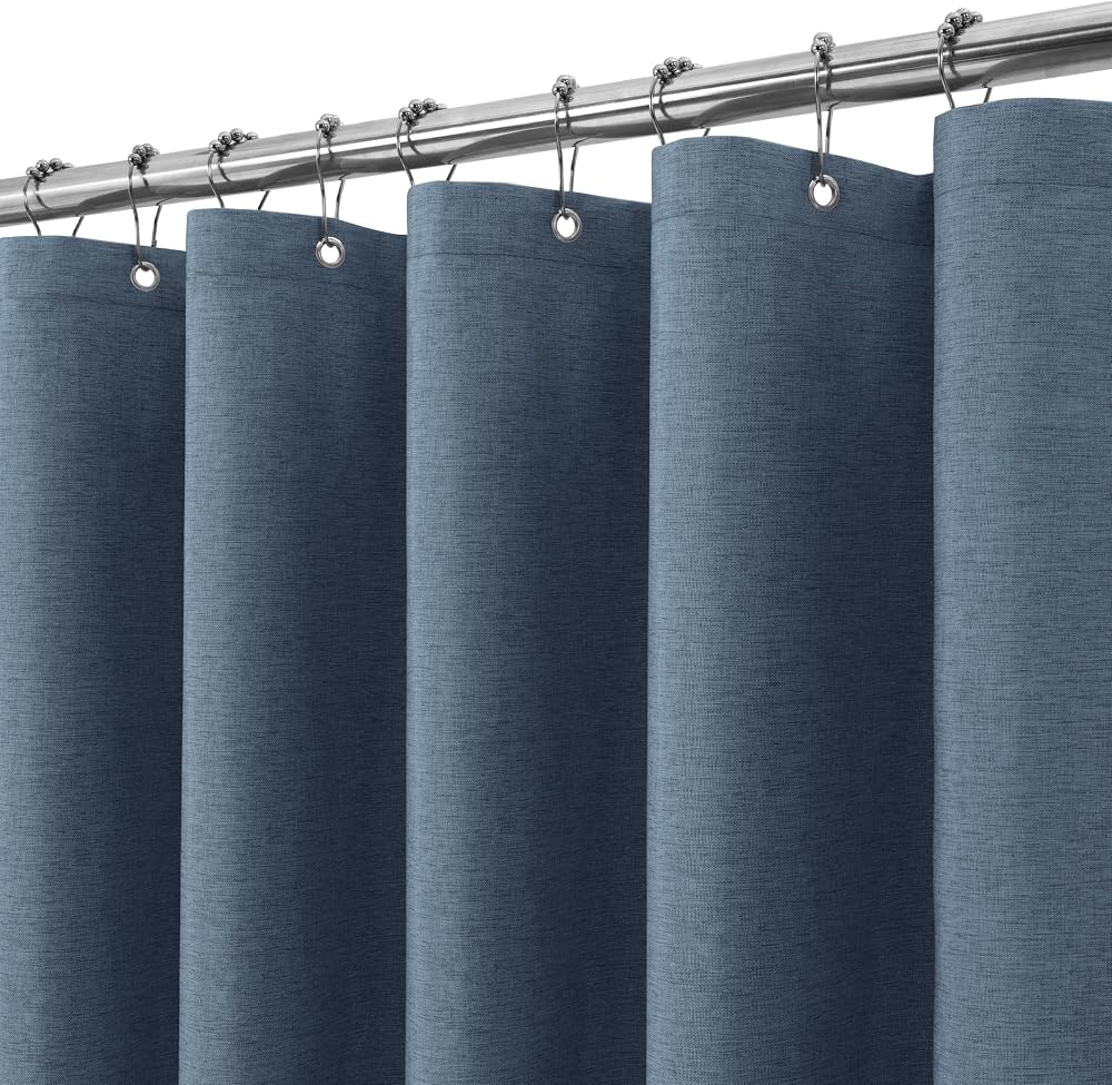 Linen Look Shower Curtain 182 x 214 cm Navy with Metal Hooks