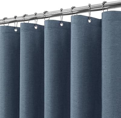 Linen Look Shower Curtain 182 x 214 cm Navy with Metal Hooks