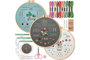 CDThinkingU 3 Sets Flower Embroidery Kit for Beginners with Pattern and Instructions, Lu Embroidery Cross Stitch Stitches Practice Kits with Hoop, Threads and Needles, Needlepoint Kit for Adults