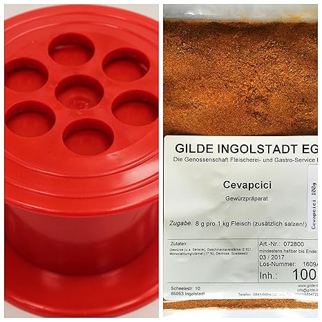 Set Cevapcici Presse + Cevapcici-Gewürzpräparat 100g. Cevapcici Gewürz 8g zugeben pro 1 Kg Fleisch, reicht bis zu 12,5 Kg