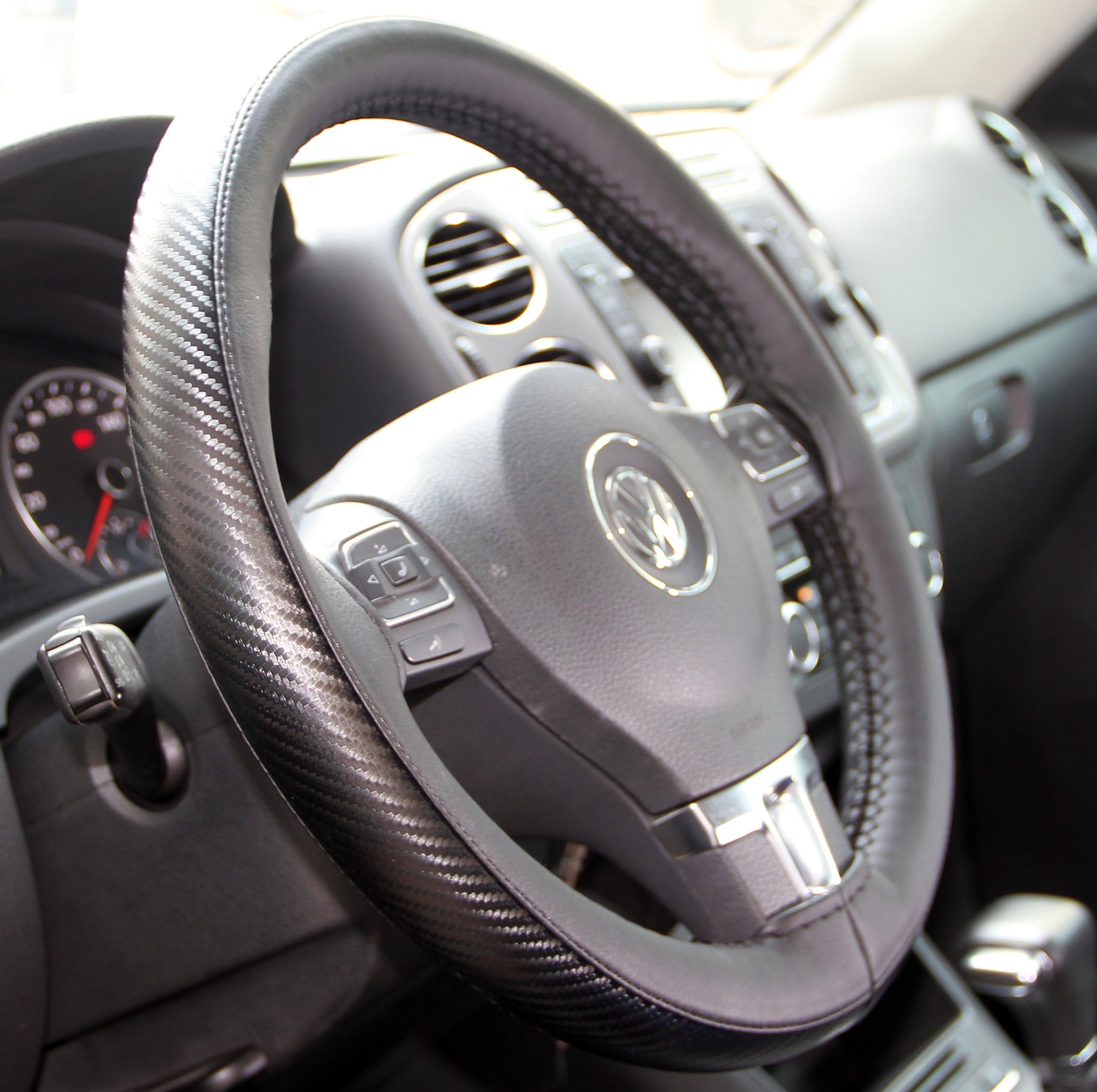 14.25"-15" Steering Wheel Wrap Cover PVC Leather Stitch on with Needle & Thread Black with Carbon Fiber Style 47026