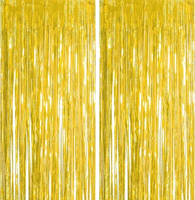 YAAVAAW Glitter Gold Tinsel Curtain 2pcs 3.2x8.3ft Backdrop Party Decorations